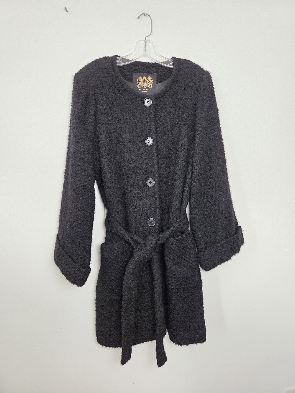 Essentiel Antwerp Wool Teddy Peacoat Black Trench Old Money Quiet Luxury EU 42